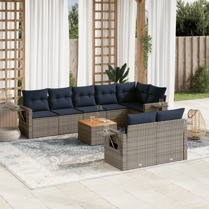 havesofasæt med 9 dele og hynder grå polyrattan