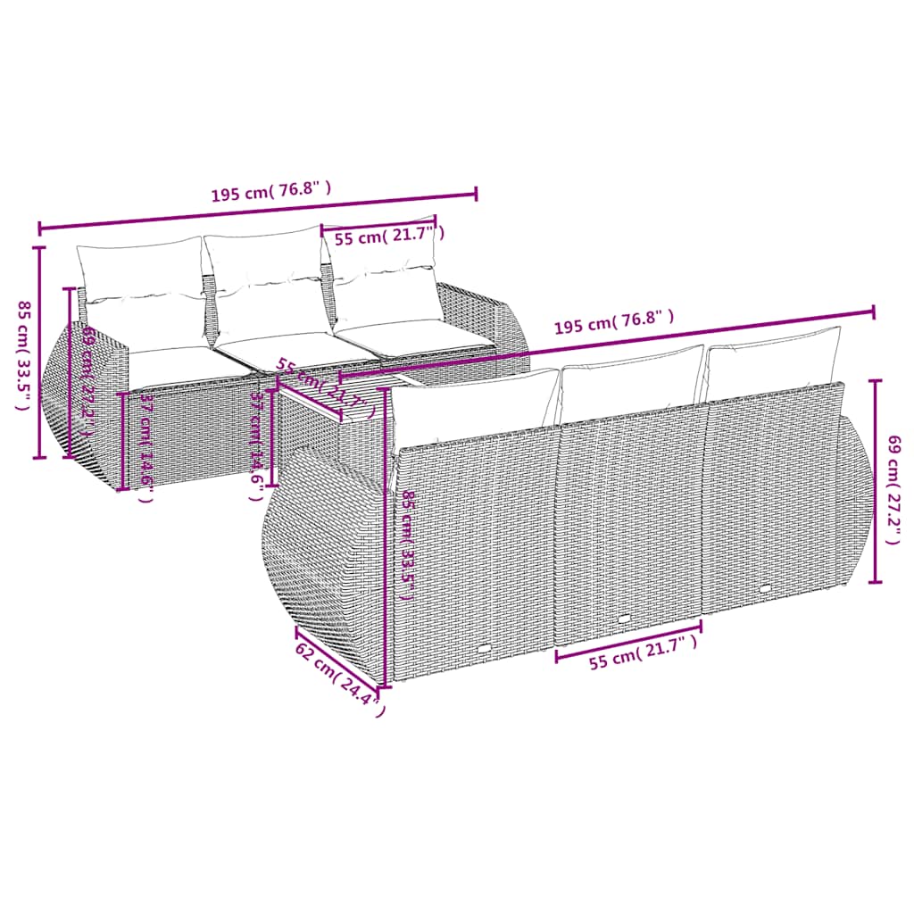 havesofasæt med 7 hynder sort polyrattan