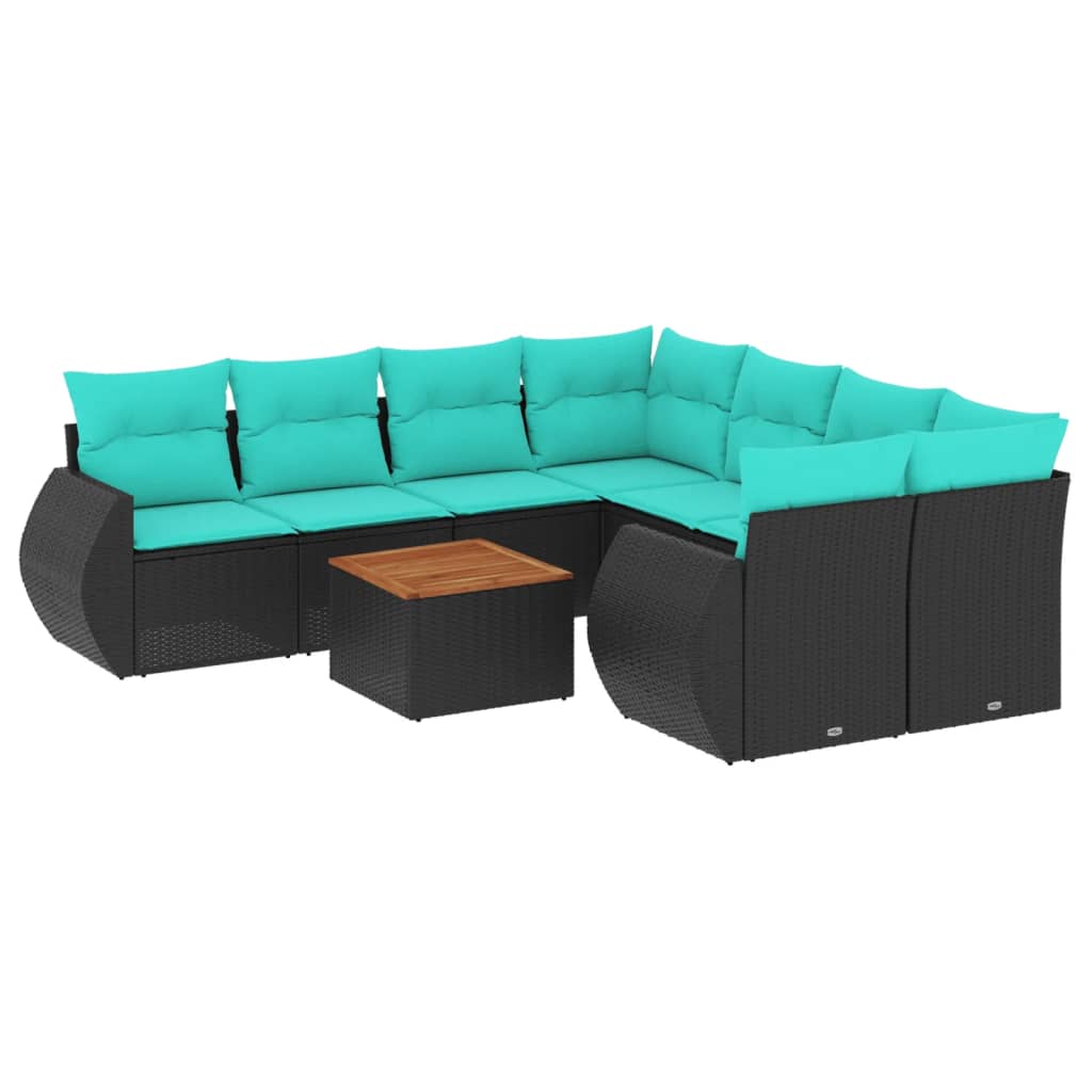havesofasæt med 9 dele og hynder sort polyrattan