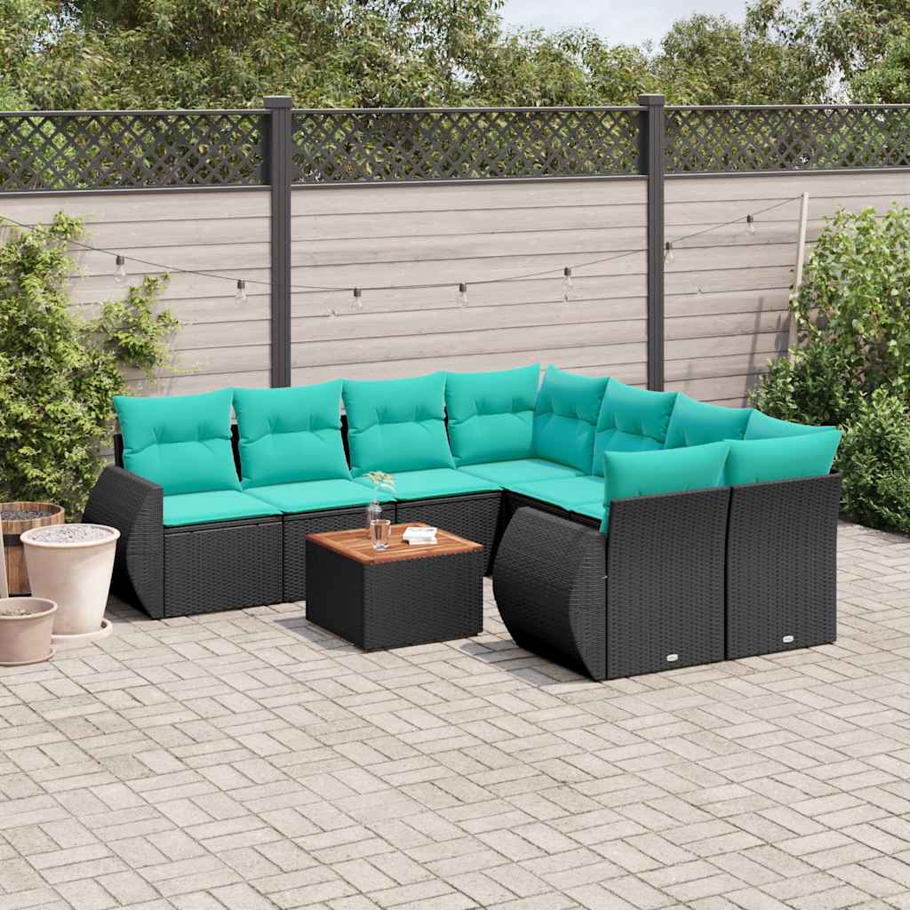 havesofasæt med 9 dele og hynder sort polyrattan
