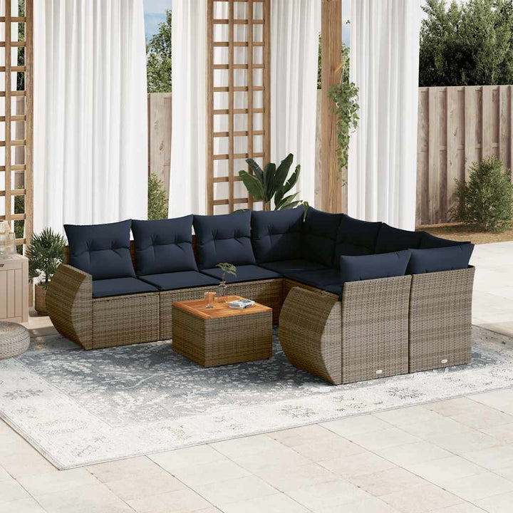 havesofasæt med 9 dele og hynder grå polyrattan
