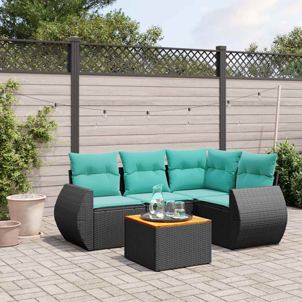 havesofasæt med 5 dele og hynder sort polyrattan
