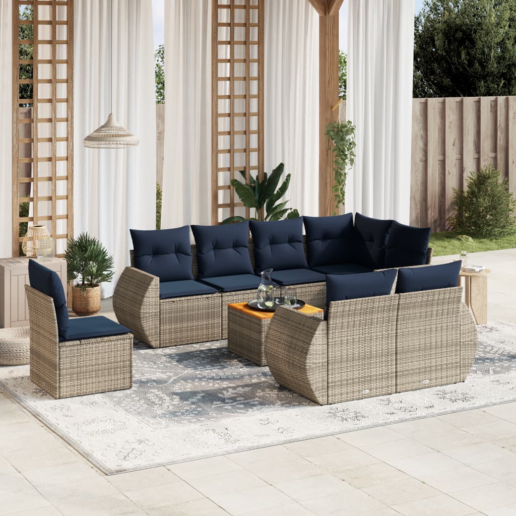 havesofasæt med 9 dele og hynder grå polyrattan