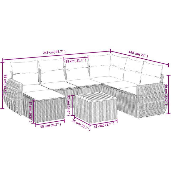 havesofasæt med 8 hynder grå polyrattan