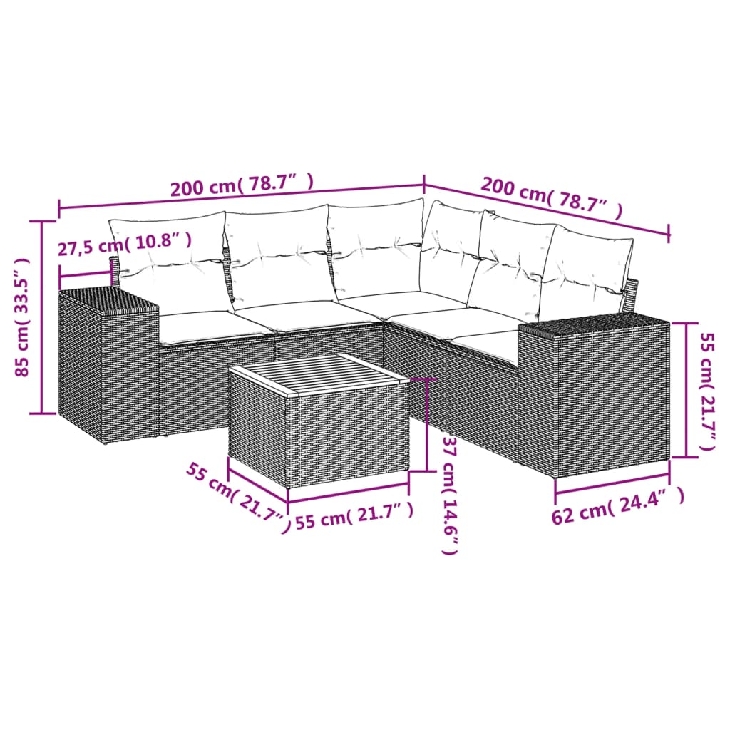 sofasæt til haven 6 dele med hynder polyrattan grå