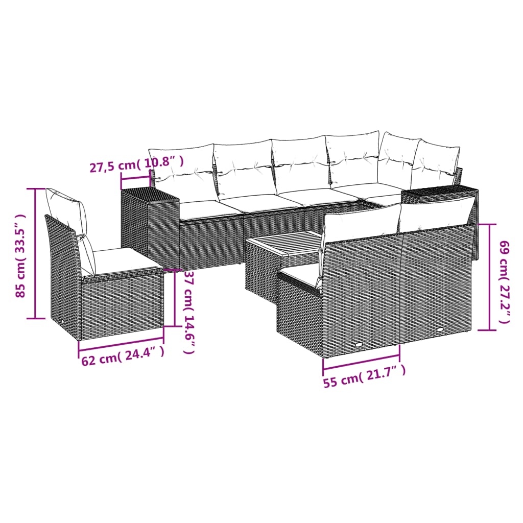 sofasæt til haven 9 dele med hynder polyrattan beige