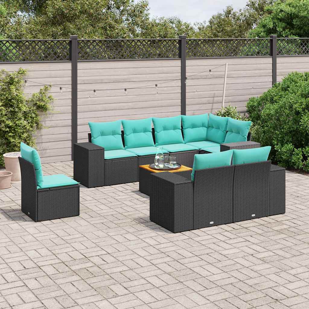 havesofasæt med 9 dele og hynder sort polyrattan