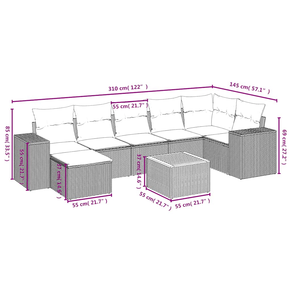 8-delt havesofasæt med hynder sort polyrattan