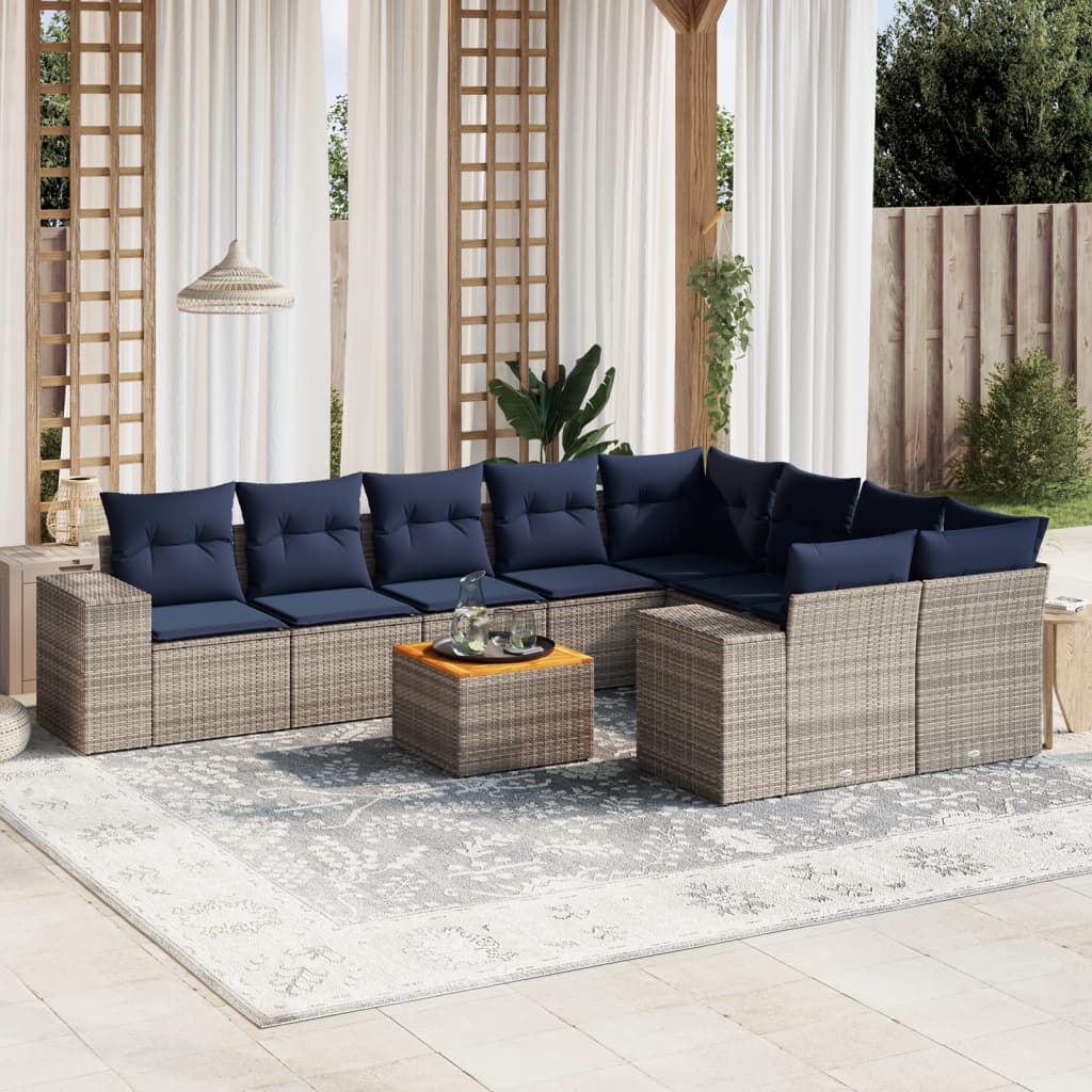 havesofasæt med 10 dele og hynder grå polyrattan