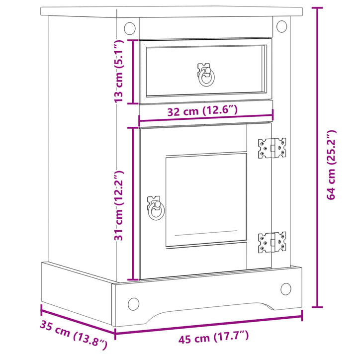 sengebord Corona 45x35x64 cm massivt fyrretræ