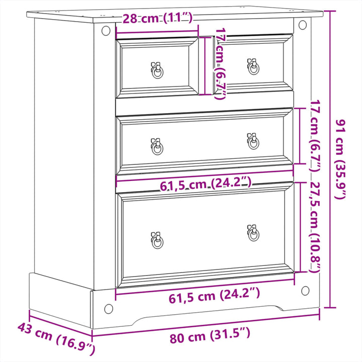 kommode Corona 80x43x91 cm massivt fyrretræ