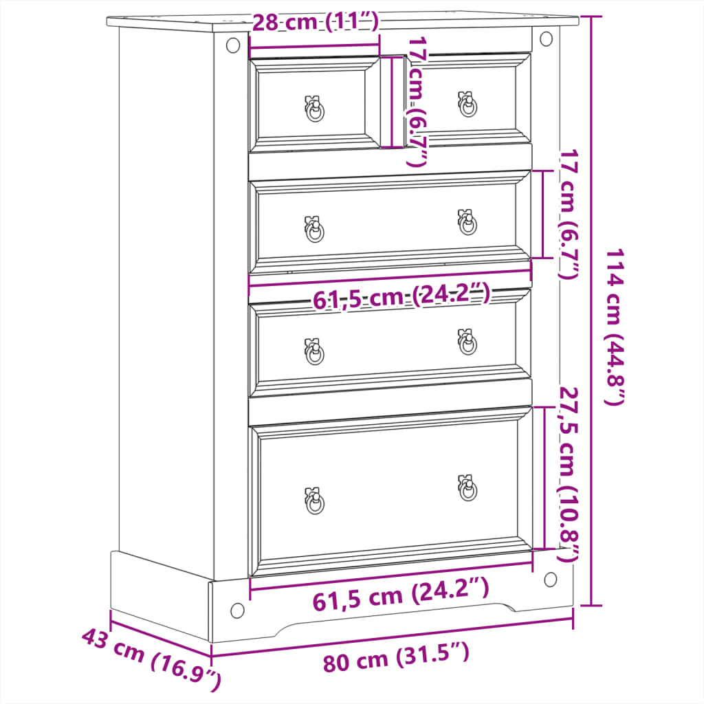kommode Corona 80x43x114 cm massivt fyrretræ