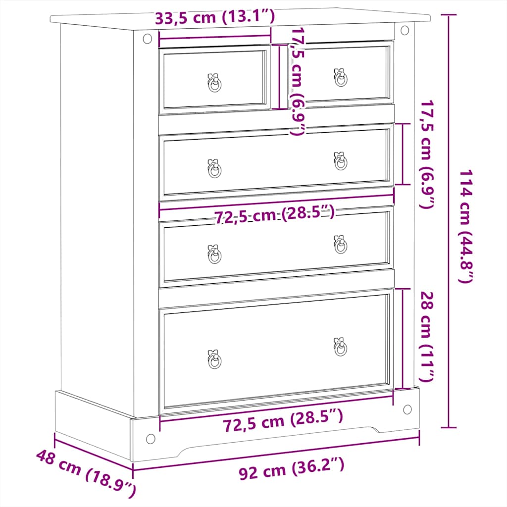 kommode Corona 92x48x114 cm massivt fyrretræ