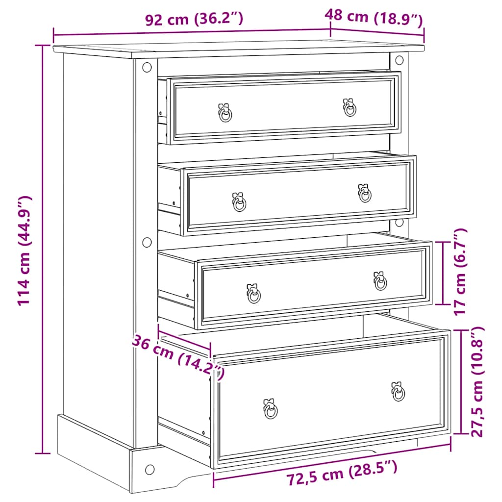 kommode Corona 92x48x114 cm massivt fyrretræ