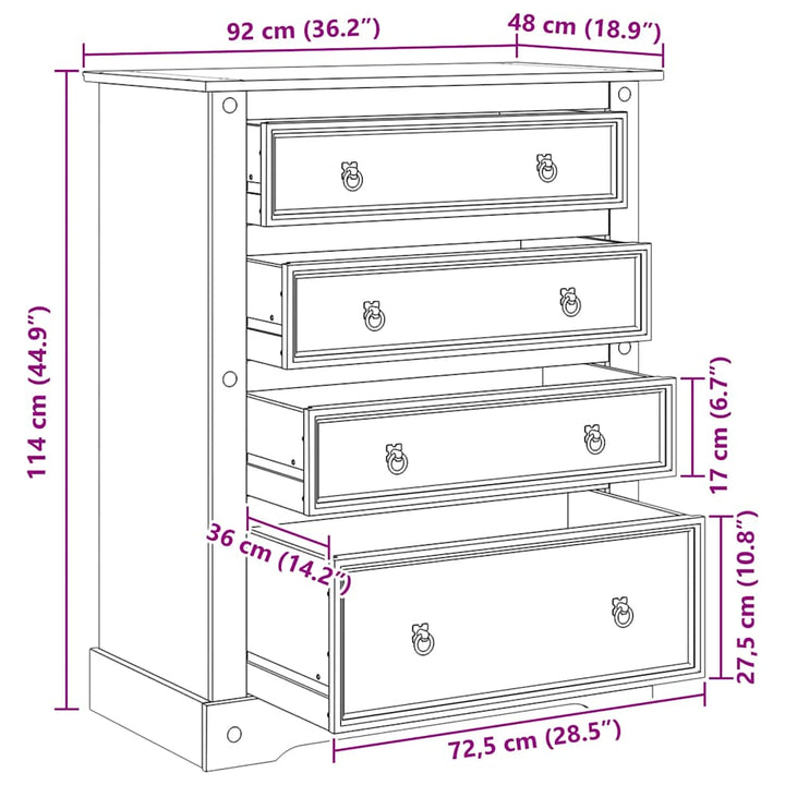 kommode Corona 92x48x114 cm massivt fyrretræ