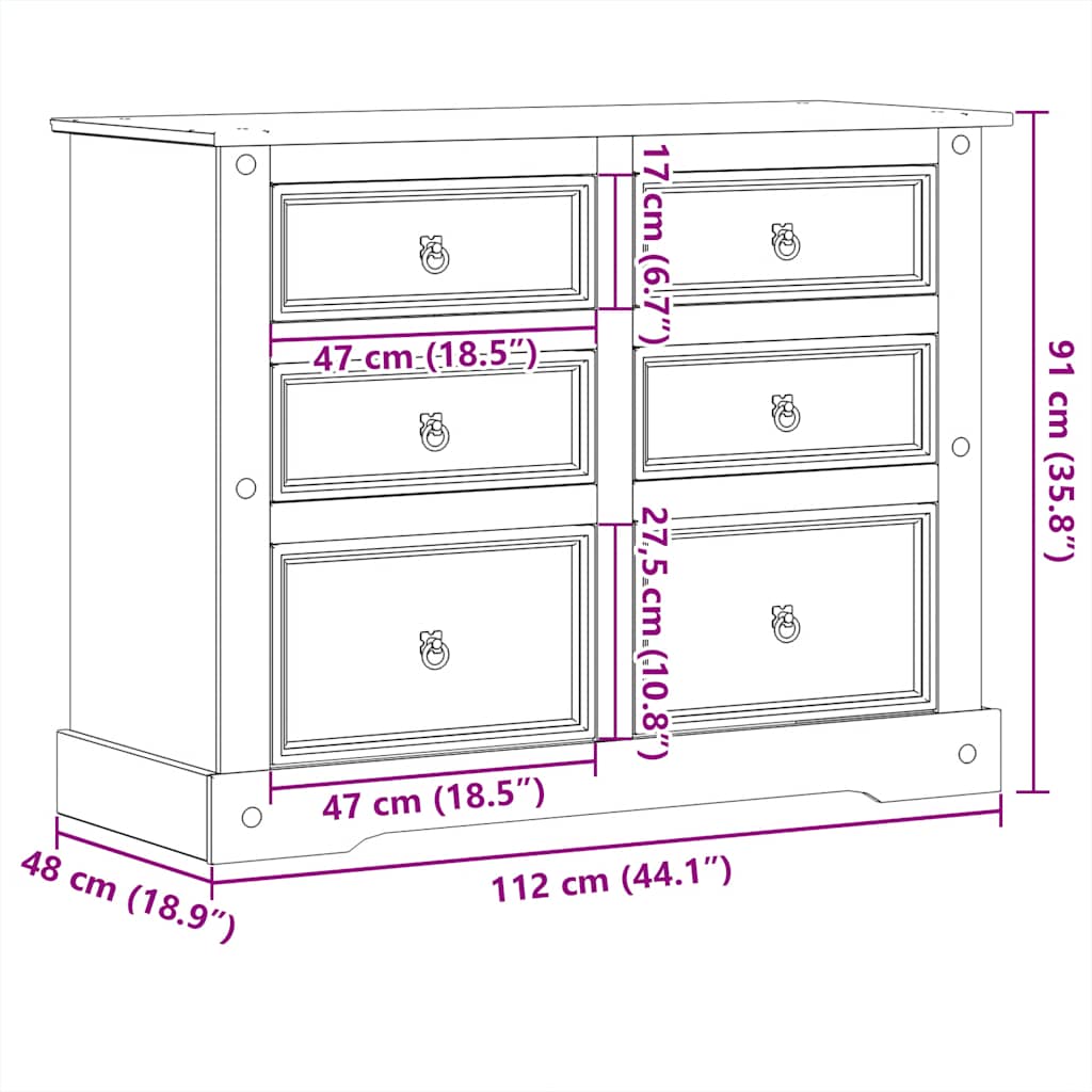 kommode Corona 112x48x91 cm massivt fyrretræ