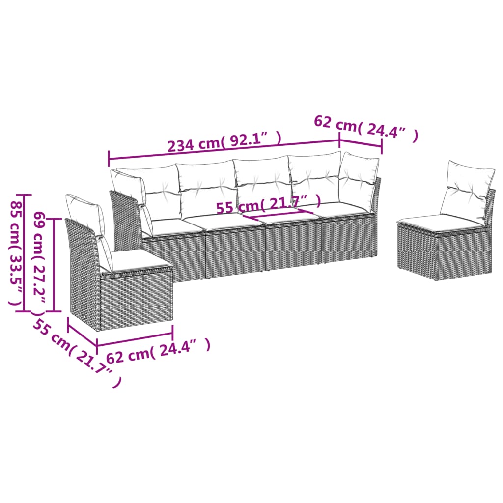 sofasæt til haven 6 dele med hynder polyrattan beige