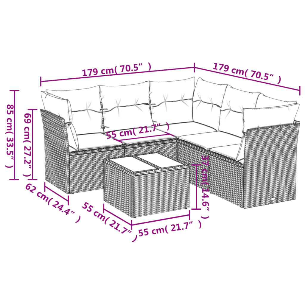 sofasæt til haven 6 dele med hynder polyrattan lysegrå