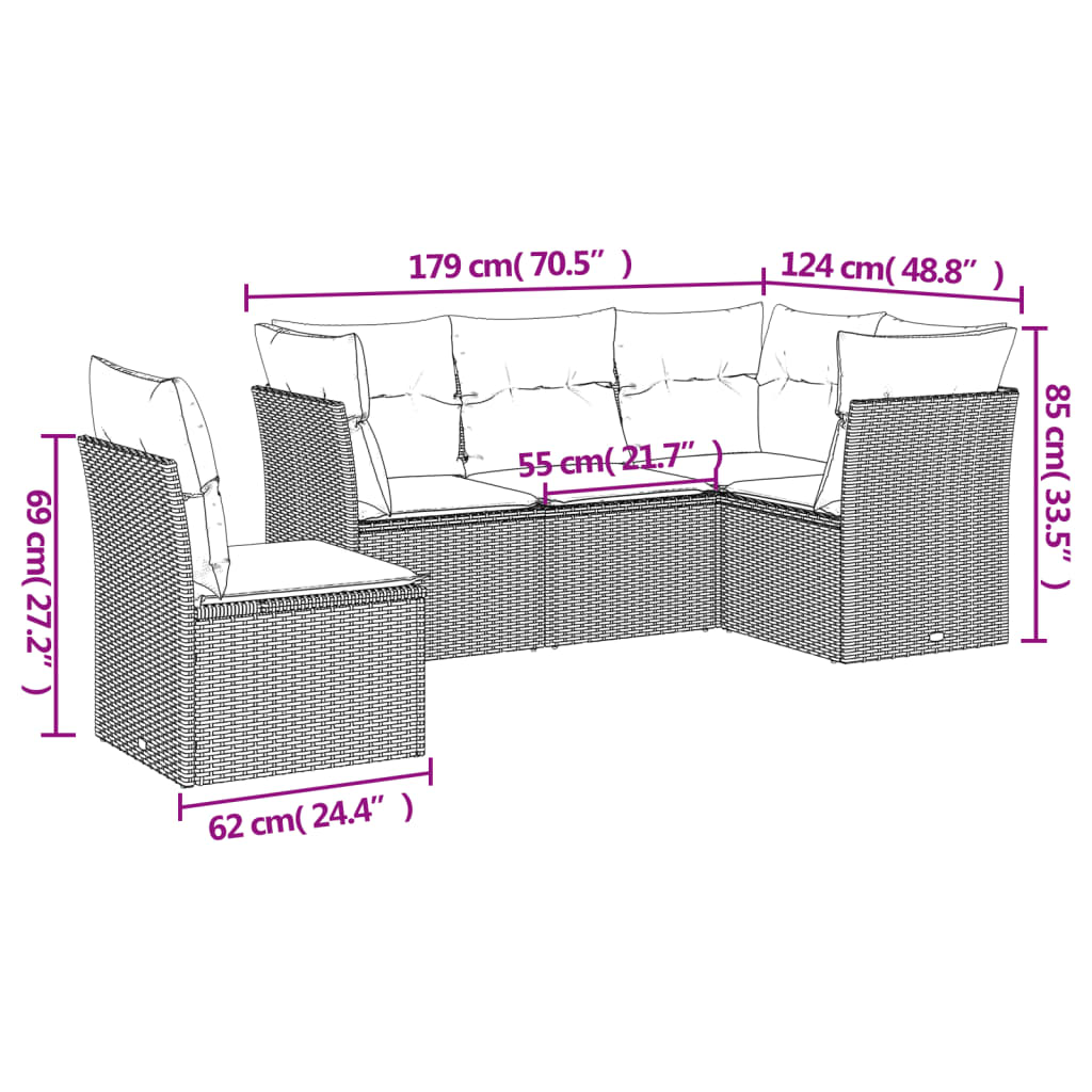 sofasæt 5 dele med hynder polyrattan lysegrå