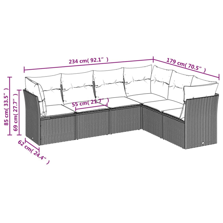 sofasæt til haven 6 dele med hynder polyrattan grå