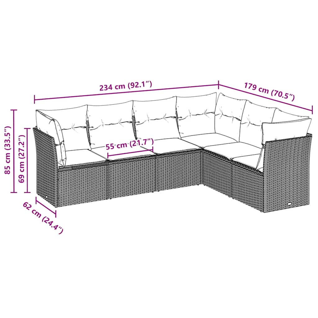 sofasæt til haven 6 dele med hynder polyrattan lysegrå