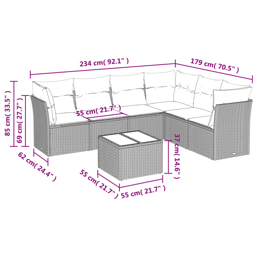 sofasæt til haven 7 dele med hynder polyrattan brun