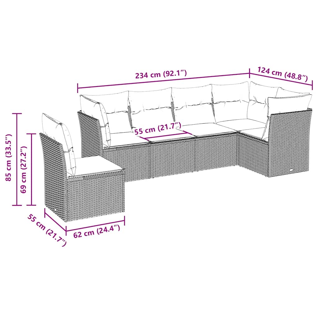 sofasæt til haven 6 dele med hynder polyrattan sort