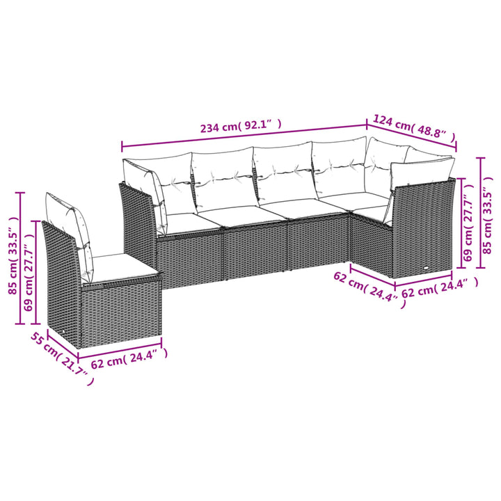 sofasæt til haven 6 dele med hynder polyrattan grå