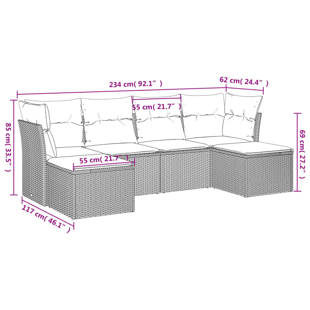 sofasæt til haven 6 dele med hynder polyrattan brun