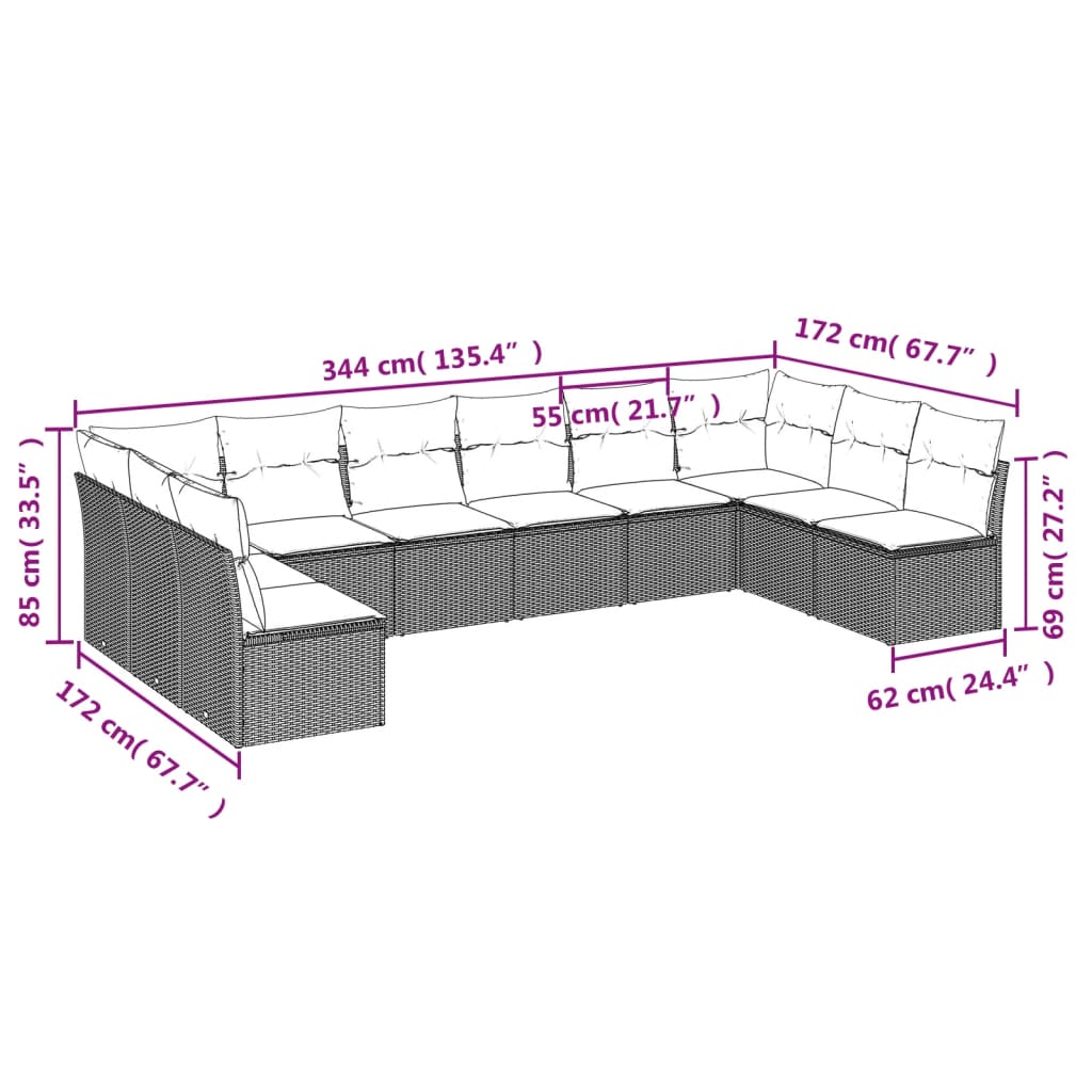 sofasæt til haven 10 dele med hynder polyrattan beige