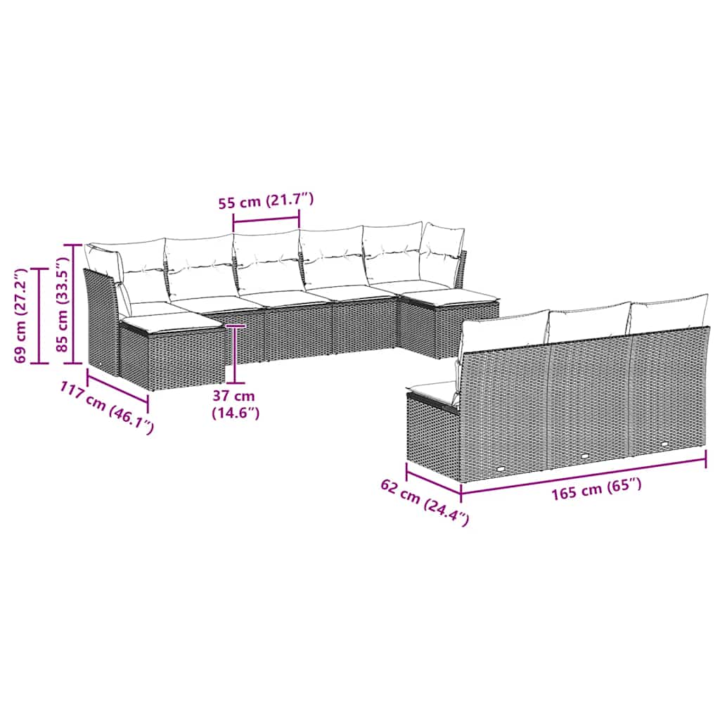sofasæt til haven 10 dele med hynder polyrattan lysegrå