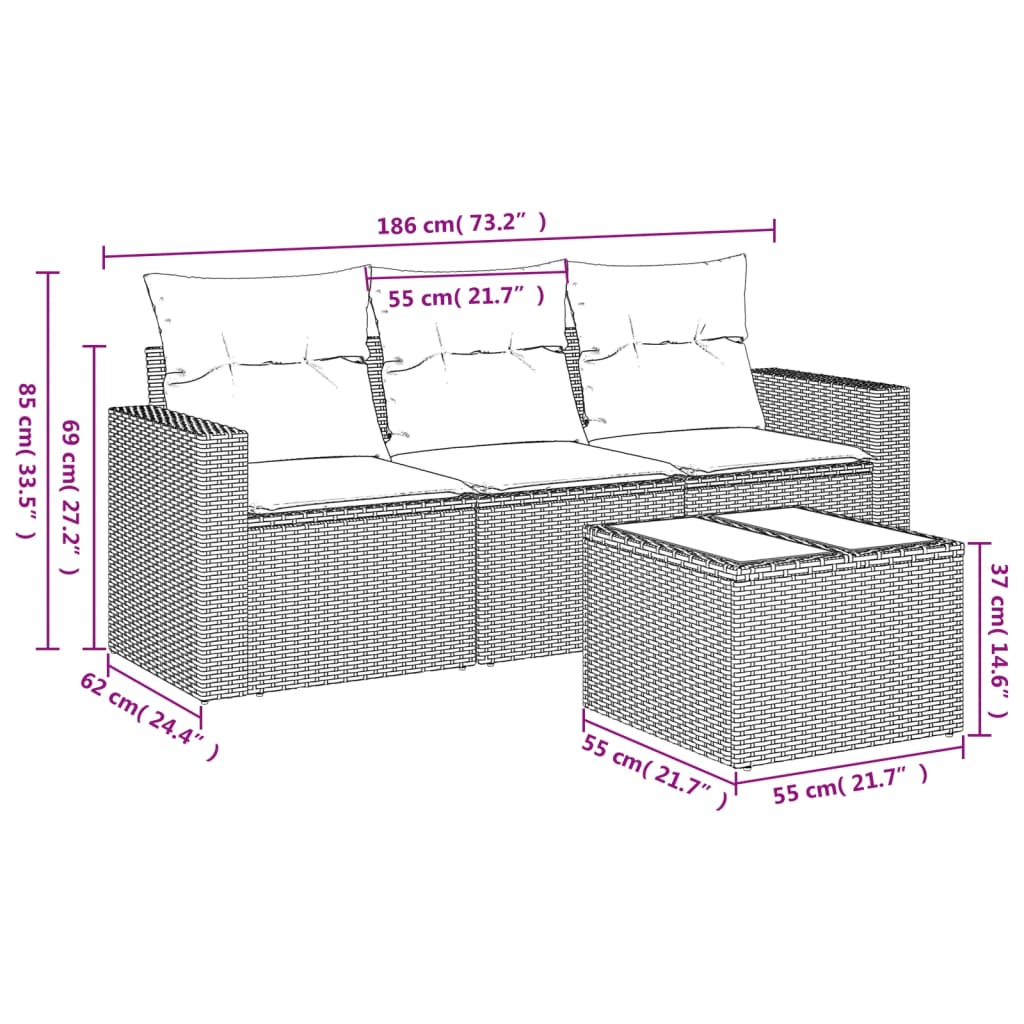 sofasæt til haven 4 dele med hynder polyrattan grå