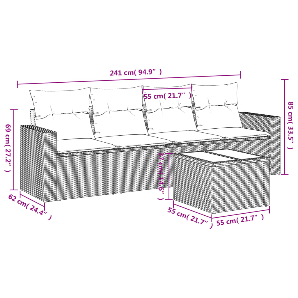 sofasæt til haven 5 dele med hynder polyrattan sort