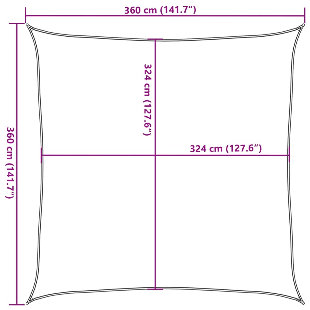 solsejl 3,6x3,6 m 160 g/m² HDPE firkantet lysegrå