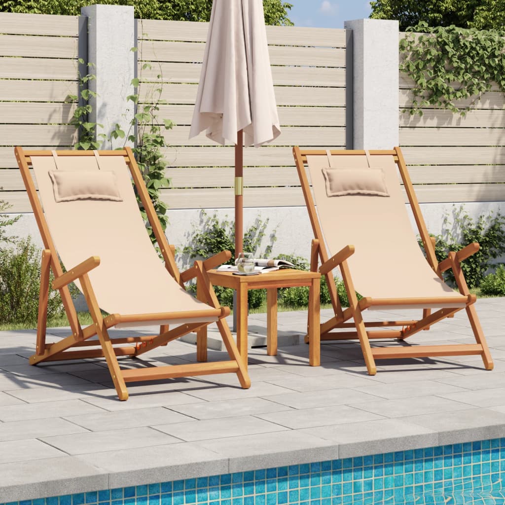 strandstole 2 stk. foldbar stof og massivt træ beige