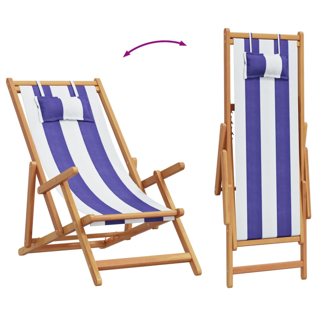 strandstole 2 stk. foldbar stof og massivt træ blå og hvid