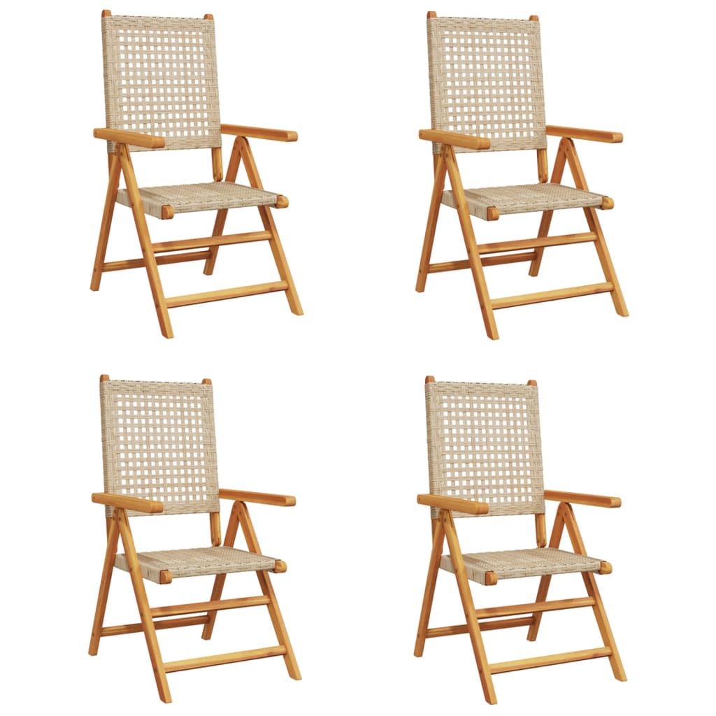 4 stk. foldbare lænestole i beige polyrattan og massivt træ