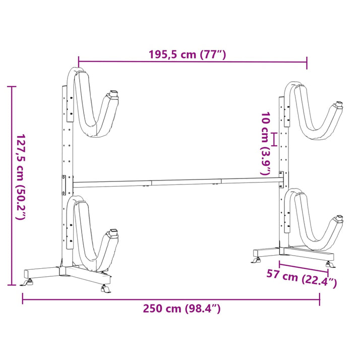 opbevaringsstativ til 2 kajakker 250x57x127,5 cm stål