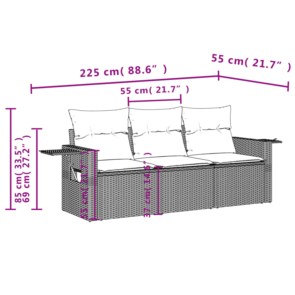 havesofasæt 3 dele med hynder grå polyrattan