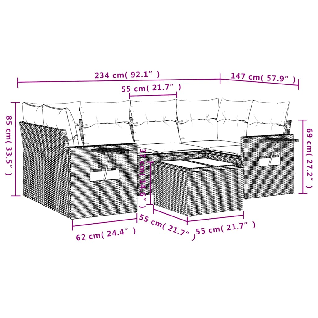 havesofasæt med 7 hynder sort polyrattan