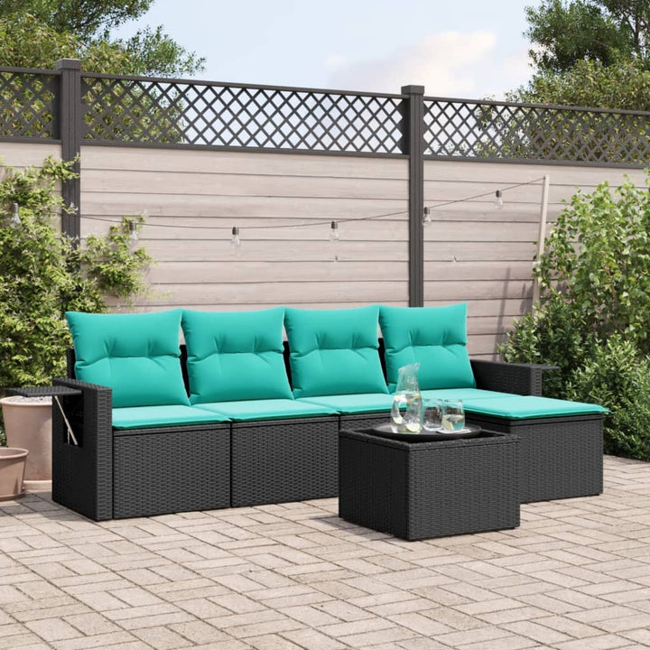 havesofasæt med 6 hynder sort polyrattan