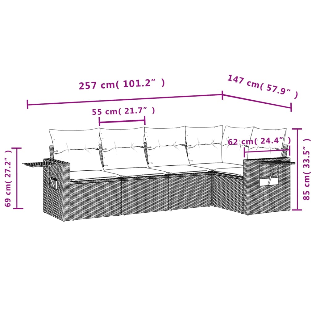 sofasæt 5 dele med hynder polyrattan lysegrå