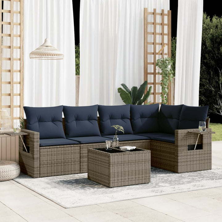 havesofasæt med 6 dele og hynder grå polyrattan