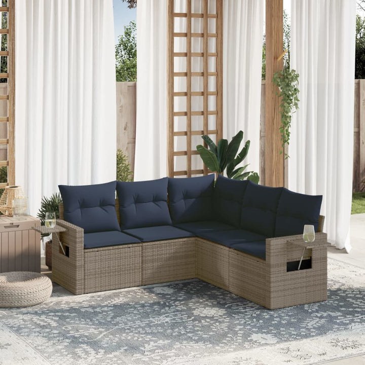 havesofasæt med 5 dele og hynder grå polyrattan