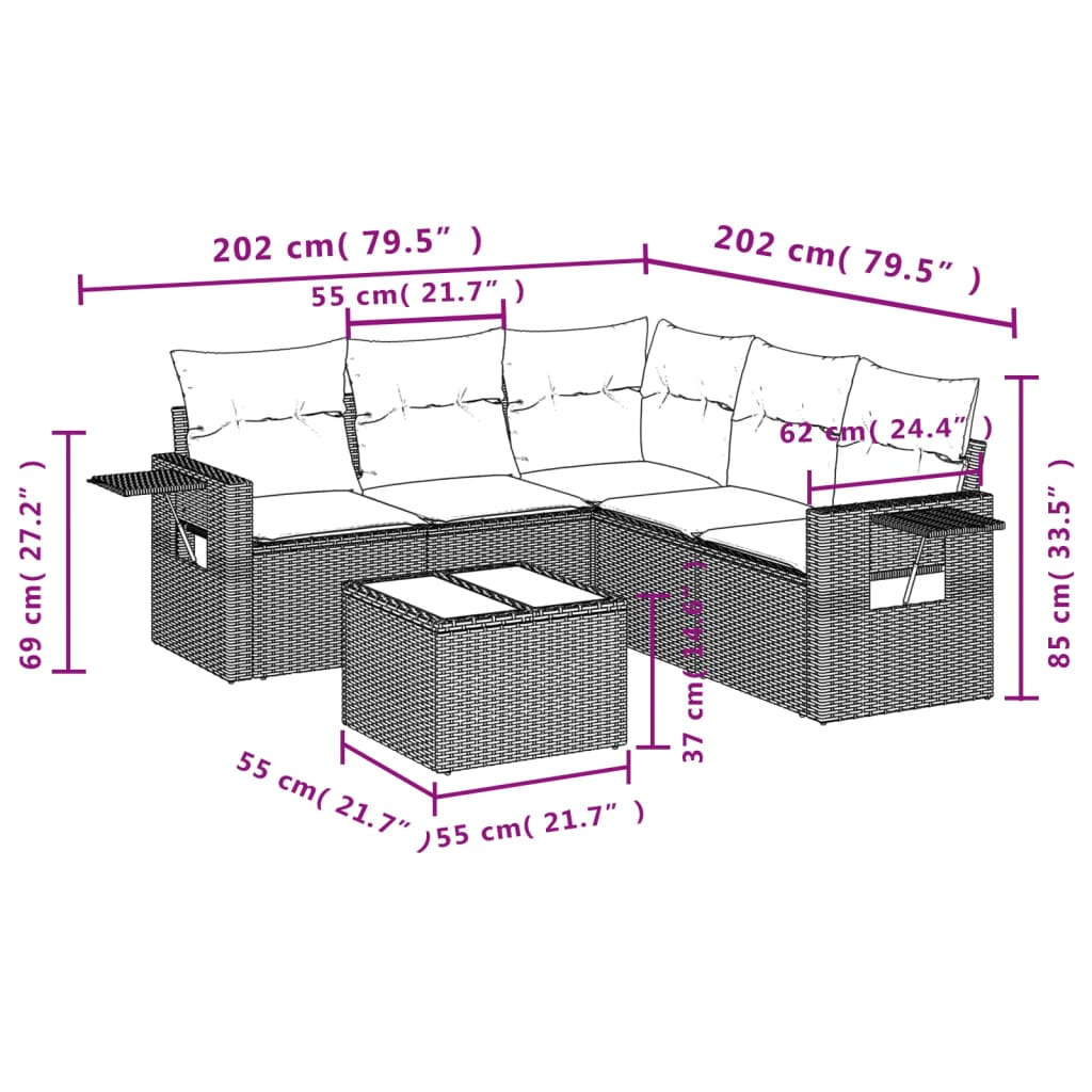 havesofasæt med 6 dele og hynder grå polyrattan