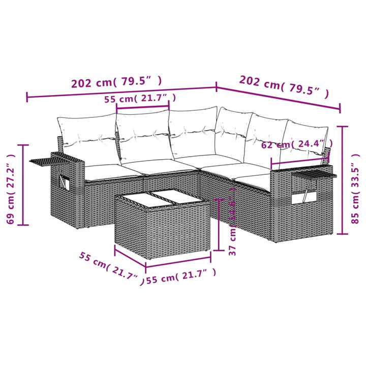 havesofasæt med 6 dele og hynder grå polyrattan