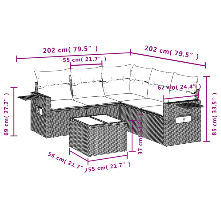 sofasæt til haven 6 dele med hynder polyrattan brun