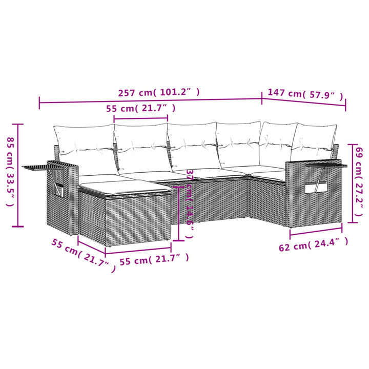 havesofasæt med 6 hynder sort polyrattan
