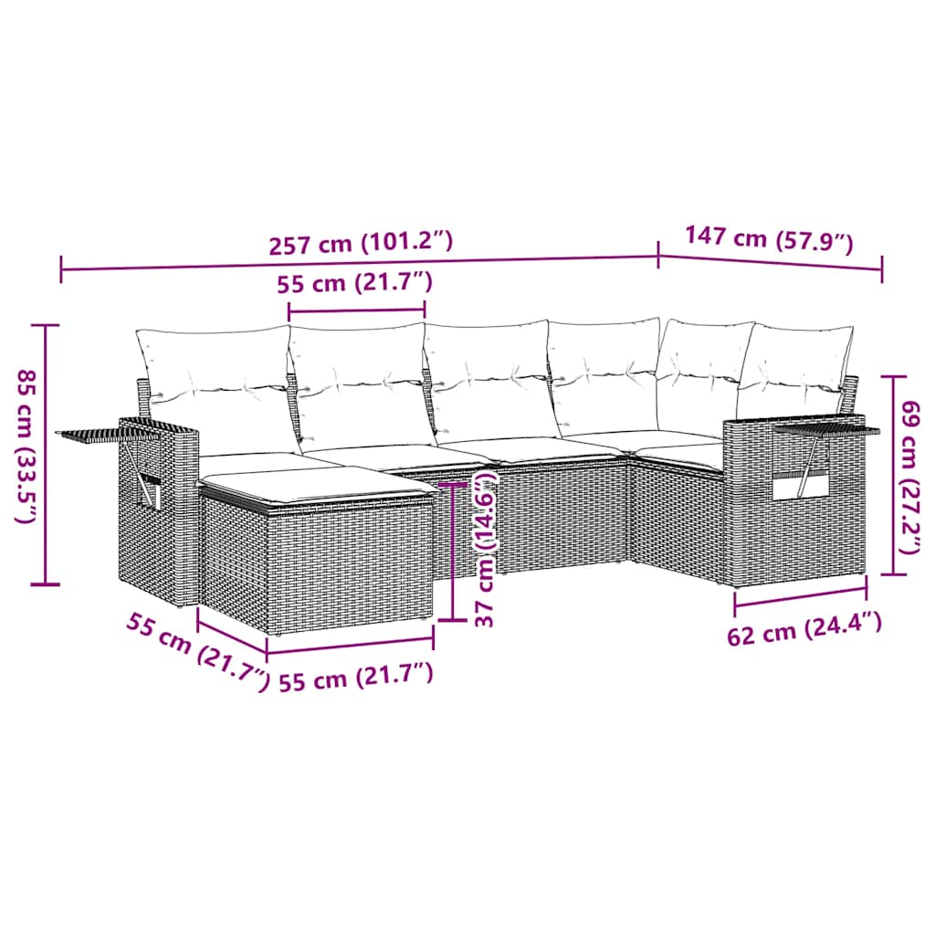 sofasæt til haven 6 dele med hynder polyrattan brun