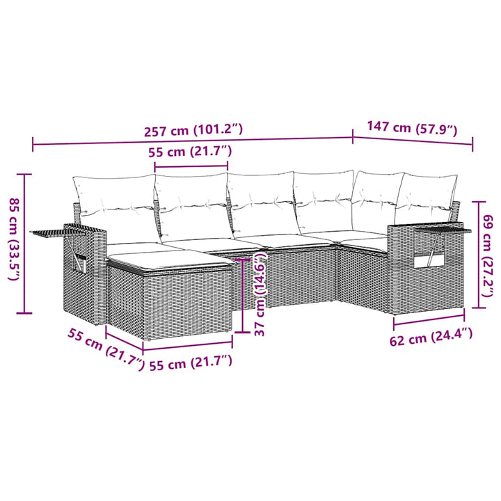 sofasæt til haven 6 dele med hynder polyrattan brun